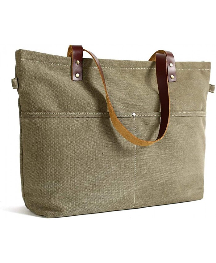 Canvas Leather Tote with Zipper Leather Tote Bag for Women Shoulder Bag Army Green