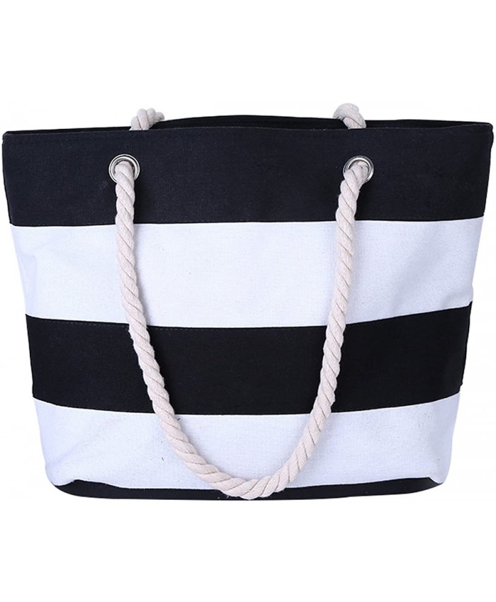 Cotton Canvas Tote Beach Bag With Zipper Top Handle Handbag Shoulder Bags Shopping Bag from Nevenka Style 1 Black White