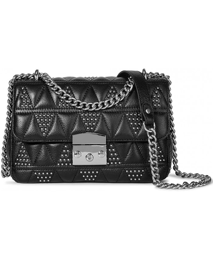Crossbody Shoulder Bag for Women Leather Quilted Rivet Designer Handbags Purse with Metal Chain Black