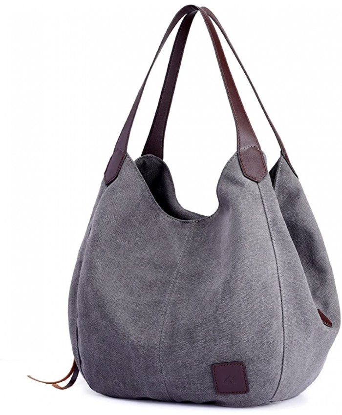 DOURR Women's Multi-pocket Shoulder Bag Fashion Cotton Canvas Handbag Tote Purse Gray