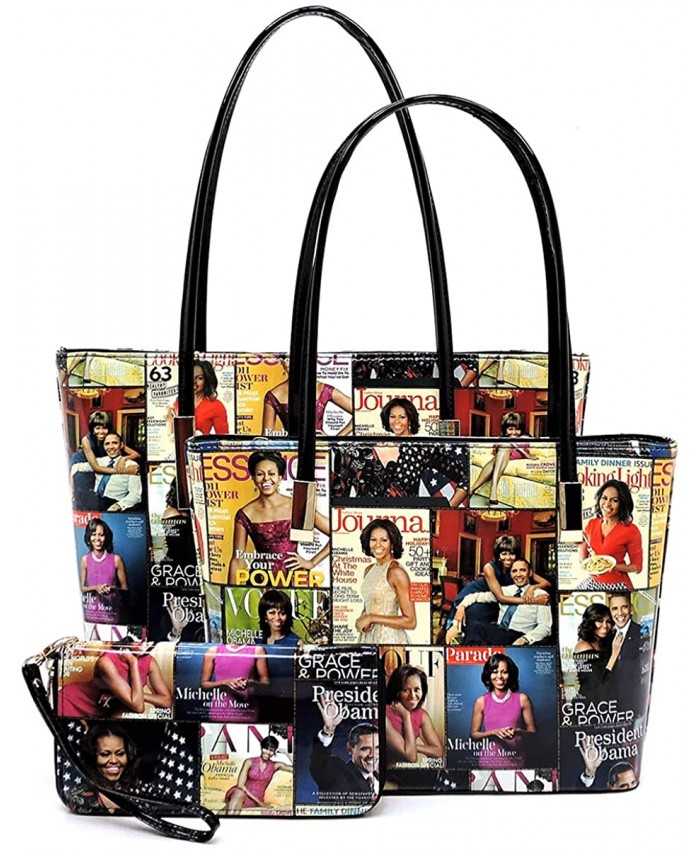 Glossy magazine cover collage Michelle Obama printed two stand alone tote bags and one matching wallet 3pcs set 3 in 1 Pic#A-MTBK