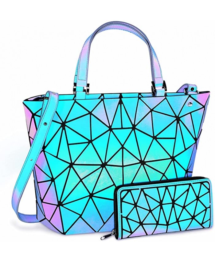 Holographic Purse Geometric Luminous Purse Handbags Women Set Iridescent Ladies Tote Bag Reflective Shoulder Bag with Wallet Set Suitable for Traveling or Shopping Purple 2PCS