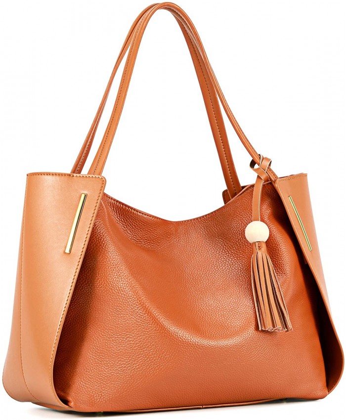 Kattee Women's Genuine Leather Tote Handbags Top handle Purses with Tassel DecorationBrown