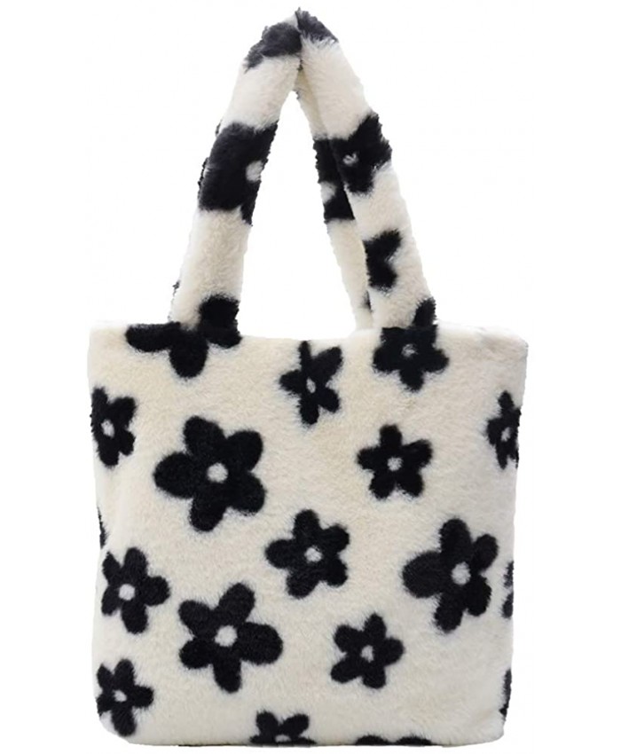 Ladies Women Girls Fluffy Shoulder Bag Plush Handbag Wallet Tote Bag for Autumn and Winter Flower Pattern