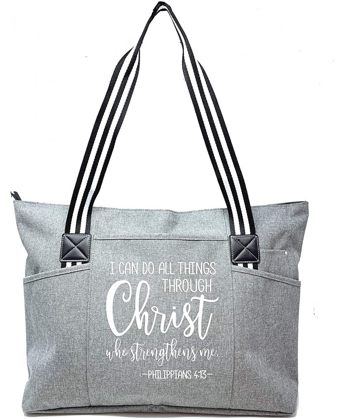 Large Inspirational Zippered Tote Bags for Women - Through Christ Gray Handbags