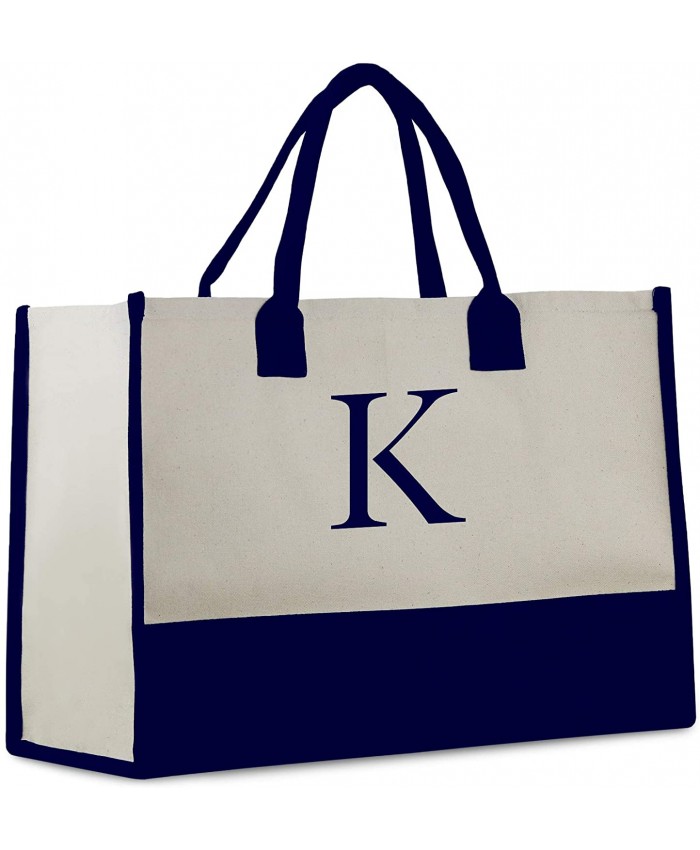 Monogram Tote Bag with 100% Cotton Canvas and a Chic Personalized Monogram Navy Block Letter - K