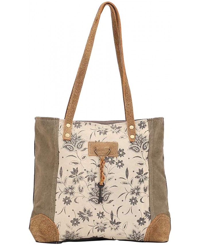 Myra Bag Unique Key Upcycled Canvas & Cowhide Tote Bag S-1522 Brown
