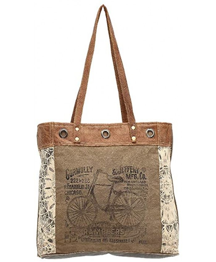 Myra Bags Bicycle Upcycled Canvas Tote Bag S-0935 Tan Khaki Brown One_Size