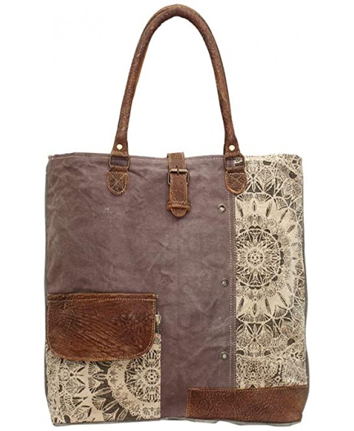Myra Bags Floral Side Upcycled Canvas Tote Bag S-0733 Tan Khaki Brown One_Size