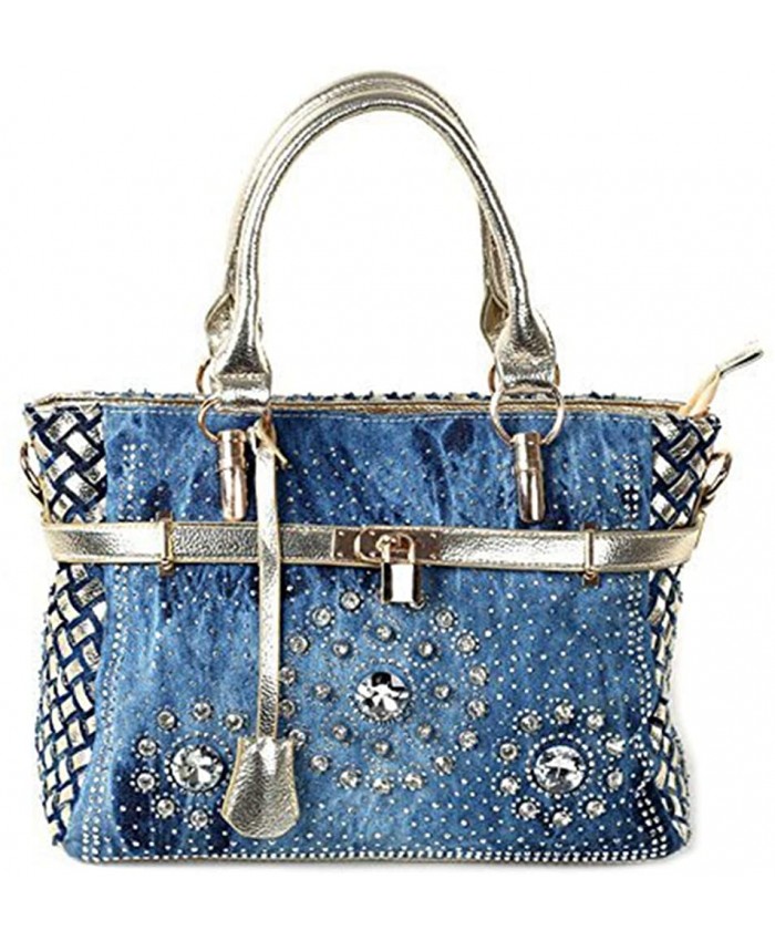 New Arrival Diamond Embroidered Denim Top Handle Bag Tote Gold
