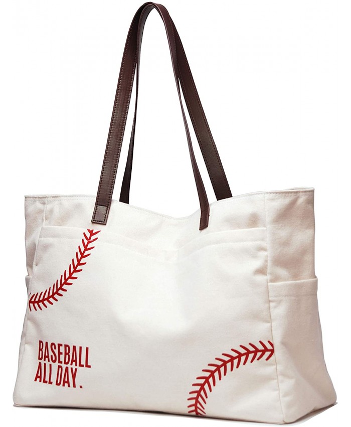 Oversize Baseball Tote Shoulder Bag Embroidery Baseball seams Prints Utility Tote HandBag Cotton Canvas Sports Travel Stuff Beach for Women MenX-large white