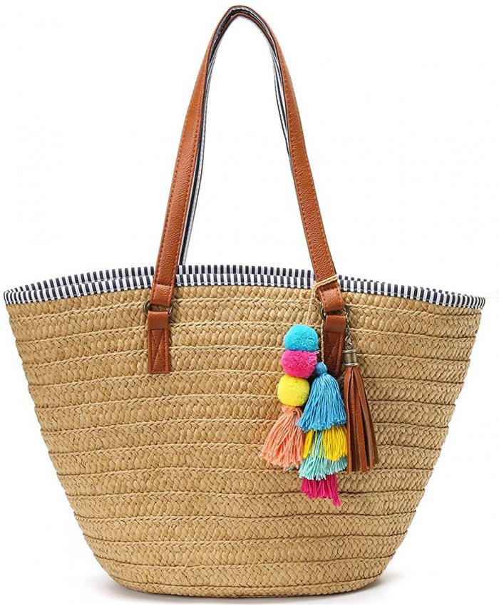 Straw Beach Bags Tote Tassels Bag Hobo Summer Handwoven Shoulder Bags Purse With Pom Poms Lightbrown