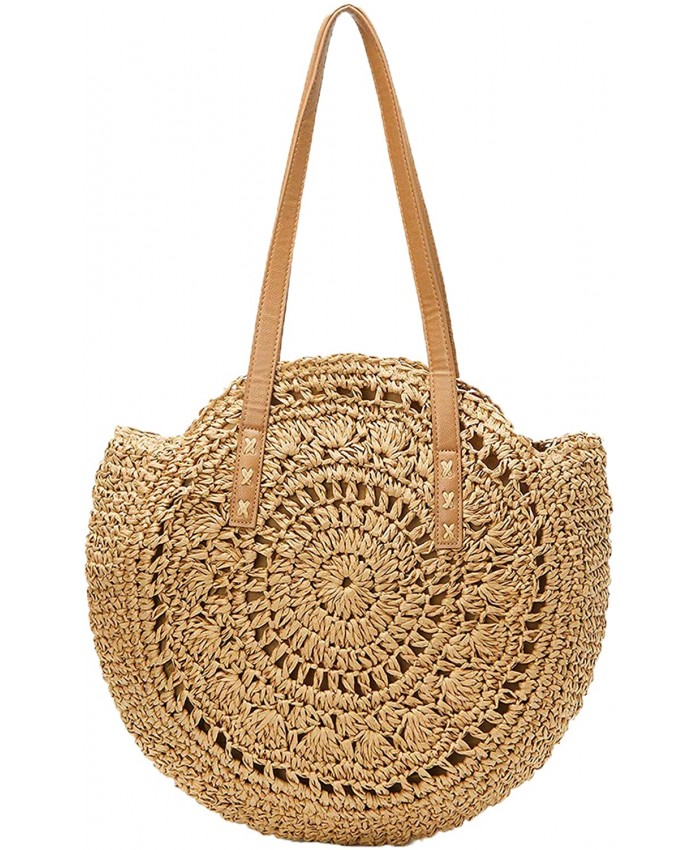Straw Handbags Women Handwoven Round Corn Straw Bags Natural Chic Hand Large Summer Beach Tote Woven Handle Shoulder Bag Khaki-pattern