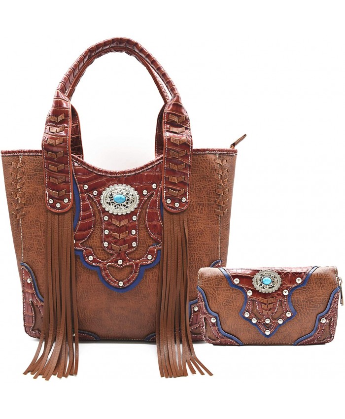 Western Style Cowgirl Fringe Concealed Purse Conchos Totes Country Women Handbag Shoulder Bags Wallet Set 1 Brown Set