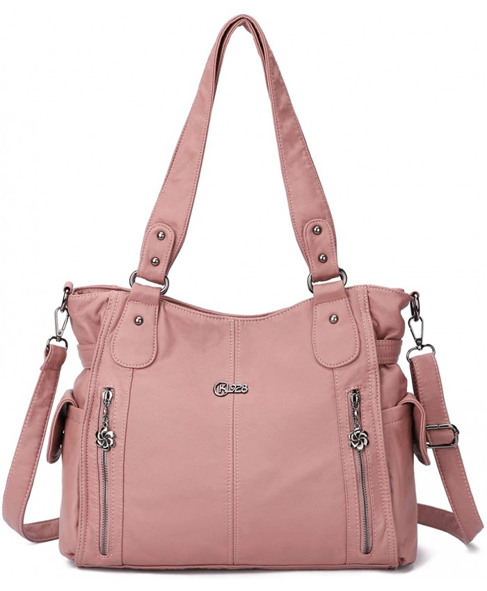 Women Hobo Handbags Shoulder Bags Soft Washed PU Leather Multi-Pocket Large Satchel Tote Purse 14#Pink