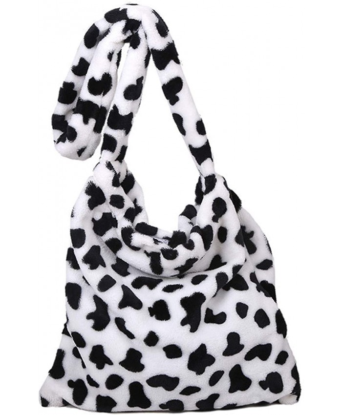 Women Leopard Print Shoulder Bag Fluffy Plush Clutch Faux Fur Handbag Tote Bag Cow