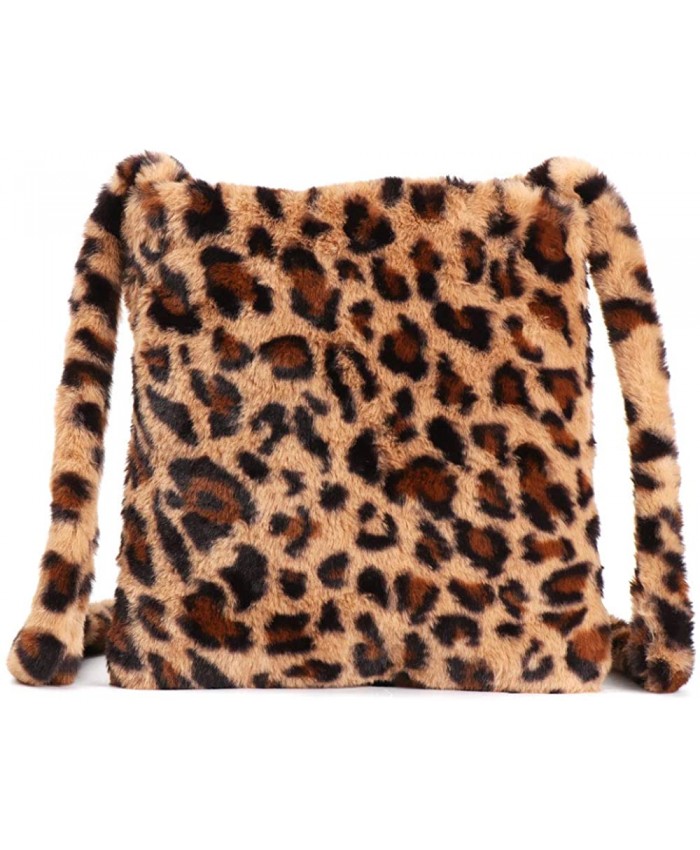 Women Leopard Printed Shoulder Bag Soft Fluffy Plush Handbag Winter Fuzzy Tote Bag Crossbody Messenger Bag Purse