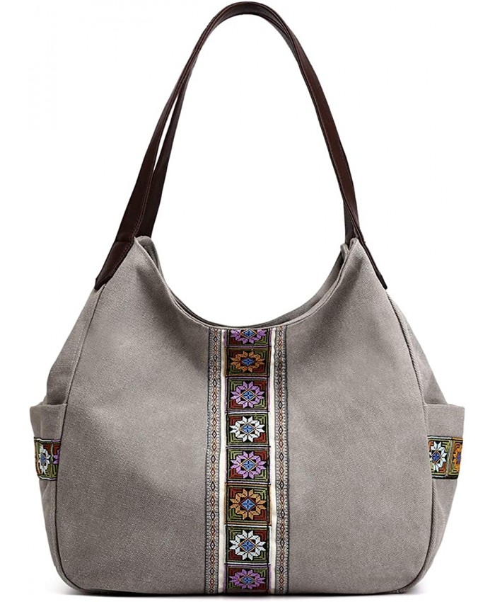 Worldlyda Women Canvas Hobo Purse Multi Pocket Tote Shopper Shoulder Bag Casual Top Handle handbag with Embroidery Ethnic Upgraded Light Grey