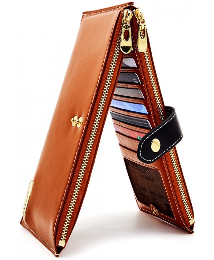 ANDOILT Womens Genuine Leather Wallet RFID Blocking Credit Card Holder Zipper Purse Cell Phone Handbag Brown