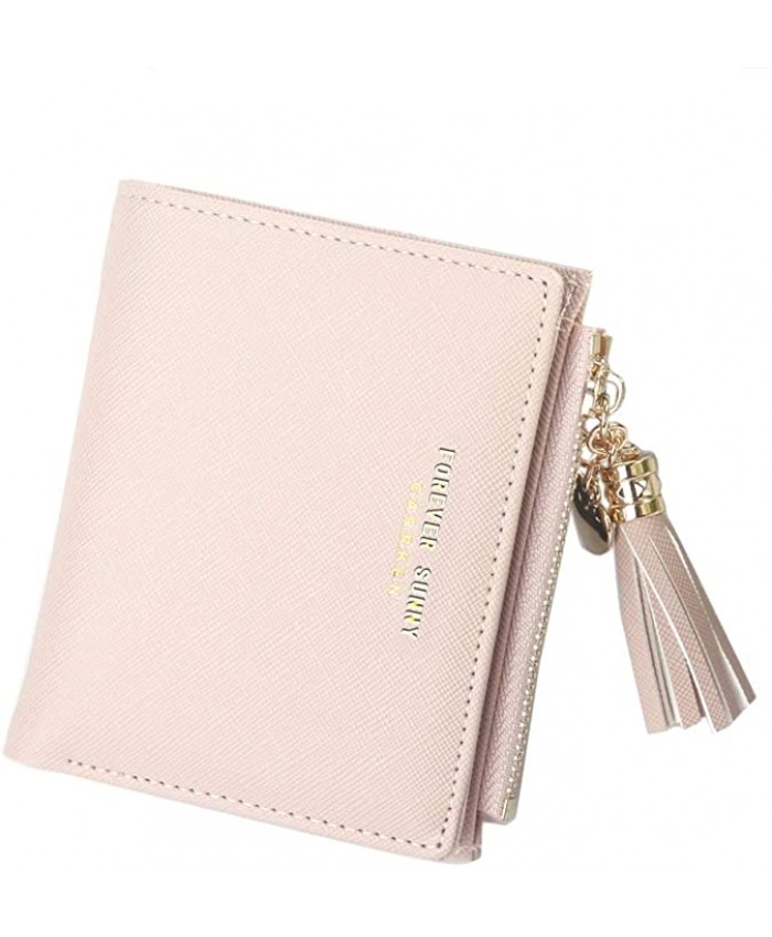 Belsmi Women's Small Compact Slim Leather Mini Wallet Lady Purse Zipper Pocket Card Organizer Bifold Wallets Pink