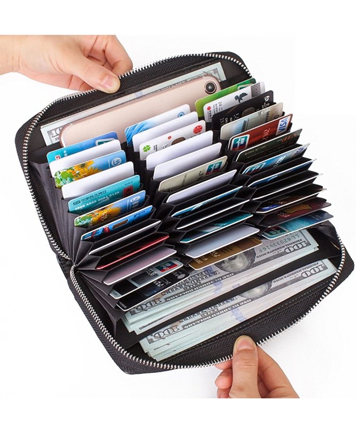 Buvelife Credit Card Wallet Leather RFID Wallet with Zipper for Women or Men Huge Storage Capacity Credit Card Holder Black at  Women’s Clothing store