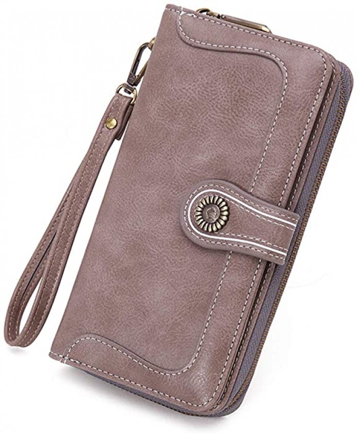 Earnda Wallets for Women Rfid Card Holder Zipper Bifold Large Wristlet Wallet Money Clip Grey