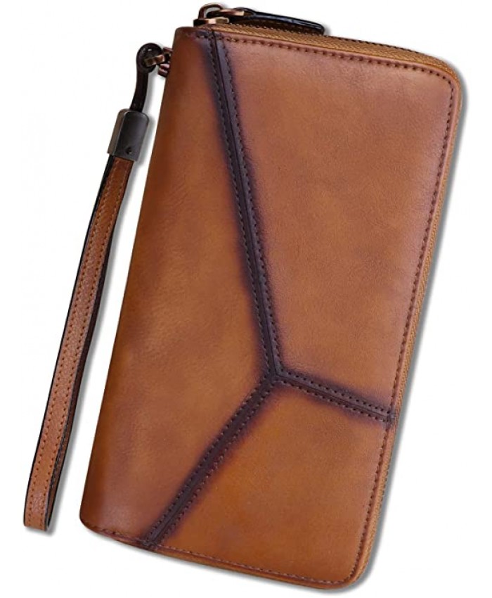 Genuine Leather Wallets for Women Zip Around Wallet Purse RFID-Blocking Retro Handmade Clutch Money Clip Card Organizer Brown