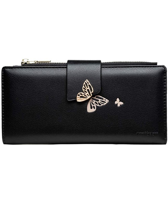 HOYOFO Women's Wallet Leather Long Bifold Clutch Wallet with Butterfly Print Ladies Zipper Purse Credit Card Organizer Black at  Women’s Clothing store