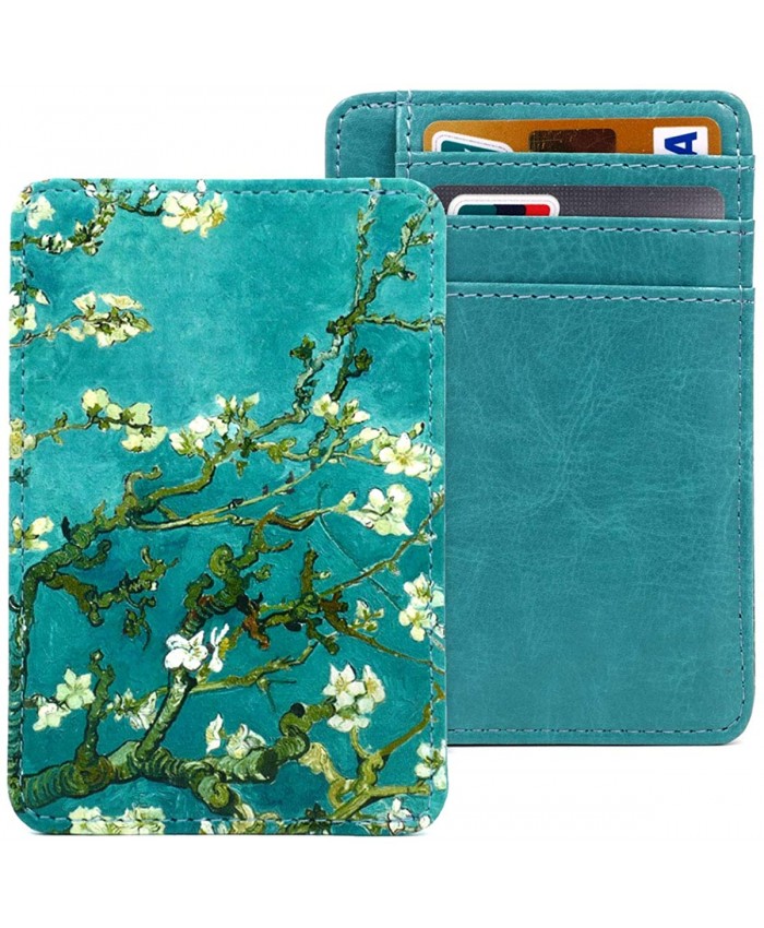 Kandouren Slim RFID Blocking Leather Front Pocket Wallet for Women & Girl Money Clip Credit Card Holder CaseGreen Van Gogh Flower at  Women’s Clothing store