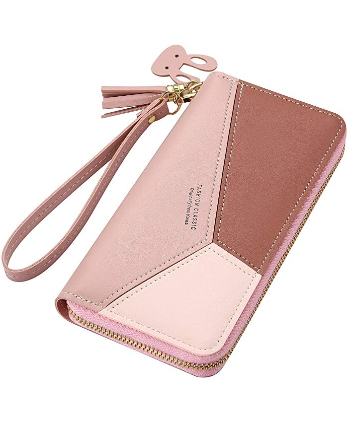 Large Faux Leather Wallet for Women Long Women's Zip Around Wallet Clutch Travel Tassel Purse Wristlet In Colorblock Leather With Eight Card Slots Money Organizer and Phone Holder Pink Red