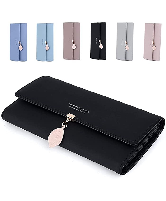 TCHH-DayUp Wallet for Women PU Leather Leaf Pendant Ladies Girl Cute Long Wallet Black