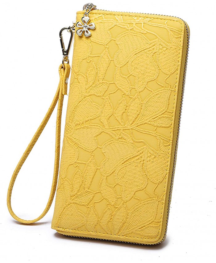 women wallet clutch large soft pu leather wristlet phone holder ladies long purse with wrist strap zip around for female yellow at  Women’s Clothing store