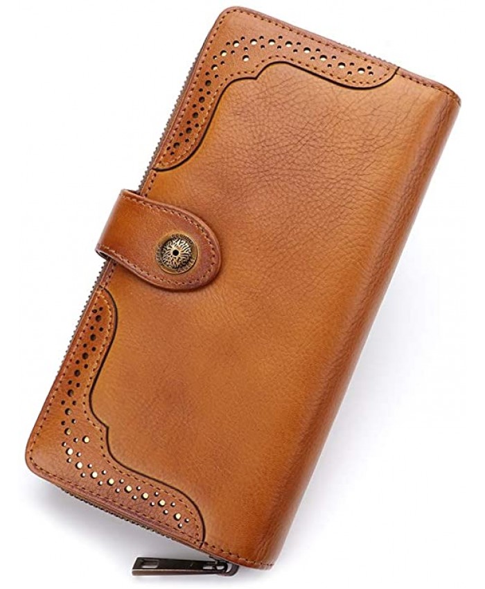 Women Wallet Genuine Leather Long Purse Zip Around Vintage Cowhide Handmade Clutch Card Holder Organizer Brown