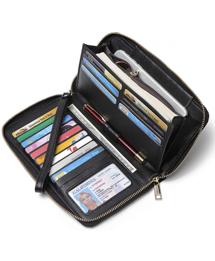 Women Wallet Large Capacity Leather Zipper Around Clutch Card Holder Organizer Ladies Travel Purse with Removable Wristlet Strap Black