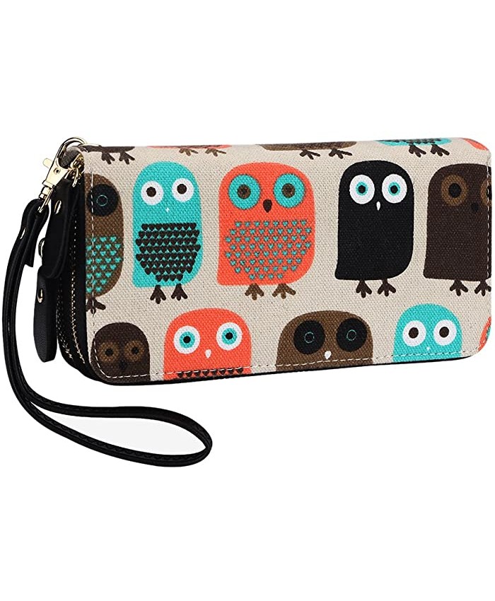 Women Zipper Wallet Owl Wallet Purse Canvas Phone Card Holder with Coin Pocket and Strap
