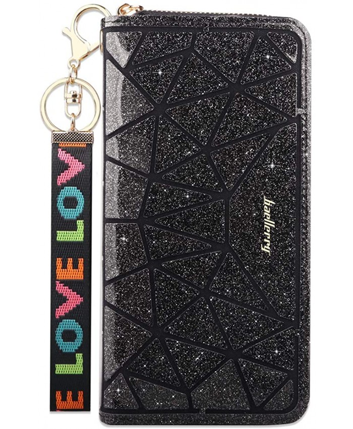 Women's Wallet RFID Blocking Glitter PU Leather Zip Around Wallet Large Capacity Clutch Wristlet Travel Purse for Women with Phone Holder Card SlotsBlack