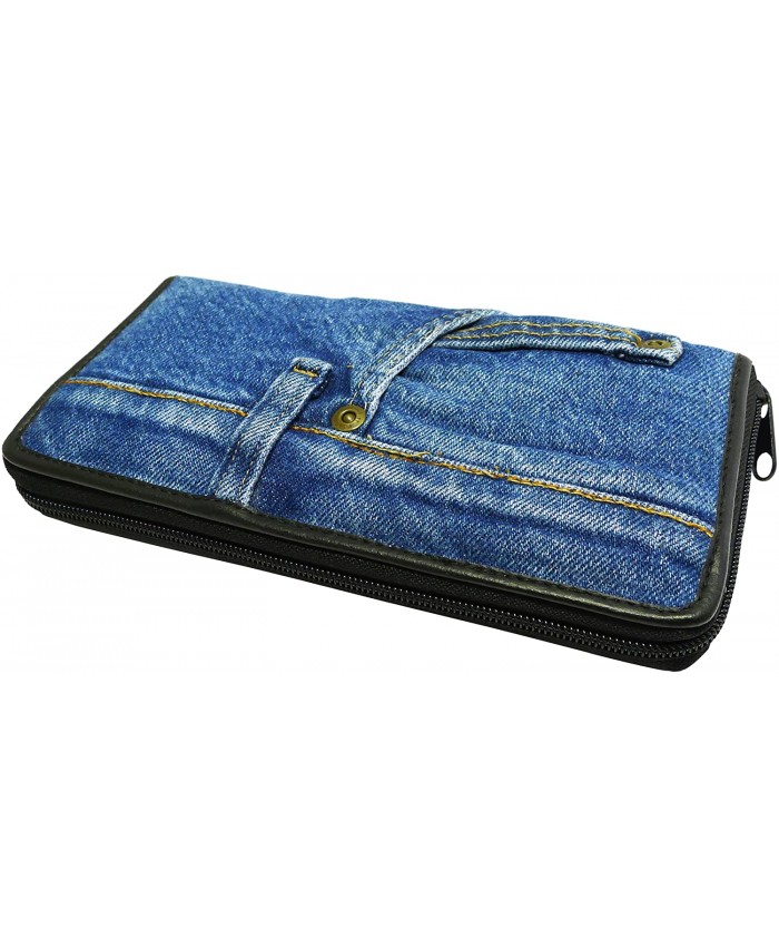Bijoux De Ja Women Blue Denim Money Zip Around Wallet Wristlet Purse Clutch Handbags