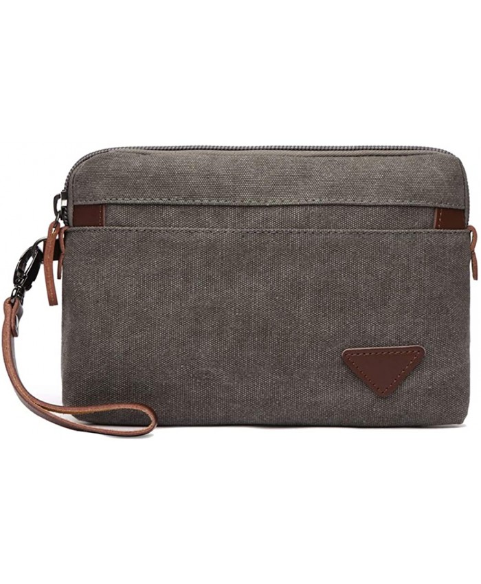 Canvas Wristlet Bag Large Clutch Wallet Purse Zipper Pouch Handbag Organizer with Leather Strap for Men Grey Handbags