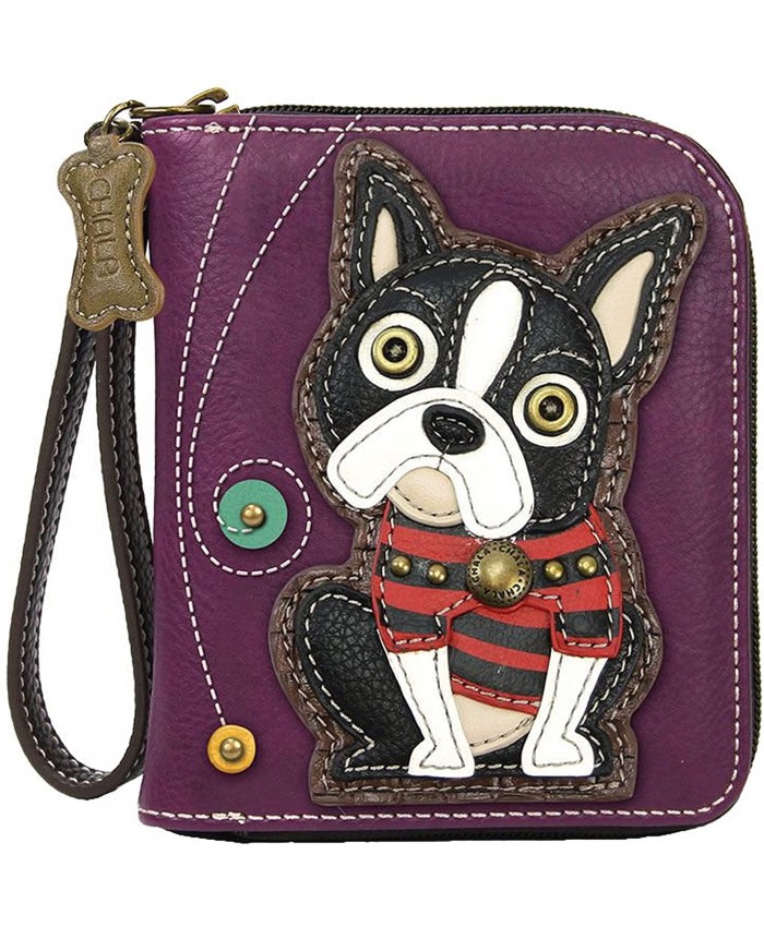 Chala Boston Terrier Zip-Around Wristlet Wallet - Dog Mom Gift Purple Handbags