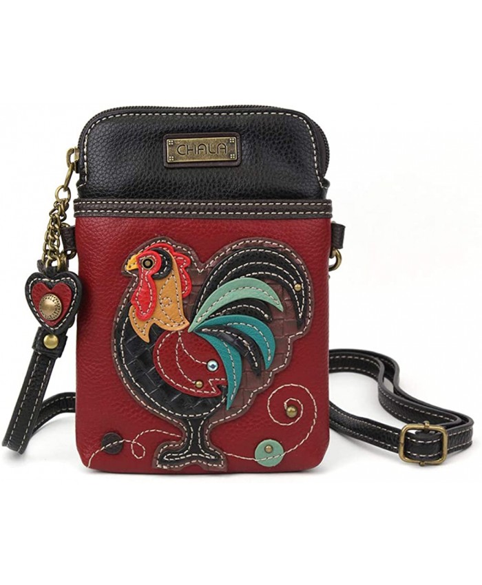 Chala Crossbody Cell Phone Purse - Women PU Leather Multicolor Handbag with Adjustable Strap - Rooster Burgundy Handbags