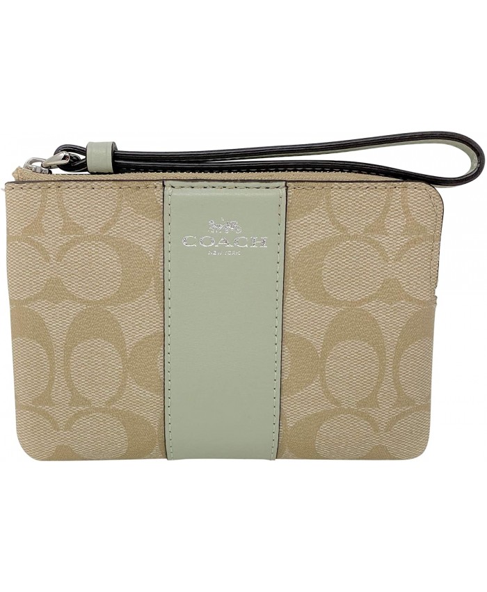 Coach Corner Zip Wristlet In Signature Coated Canvas With Pale Green Leather Stripe Handbags