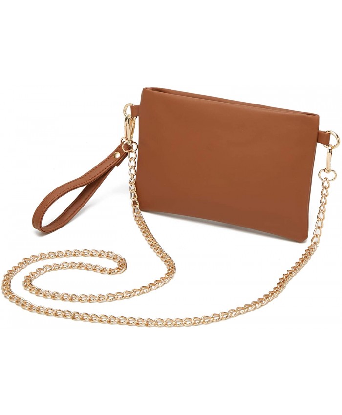 Forestfish PU Leather Wristlet Clutch Purse Crossbody Shoulder Bag Evening Bags with Chain Wristlet Strap for Women Girls Brown Handbags