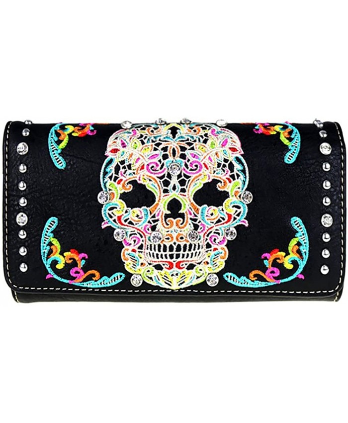 MW494-W002 Montana West Sugar Skull Collection Tri-Fold Wallet Wristlet Black Multi Handbags