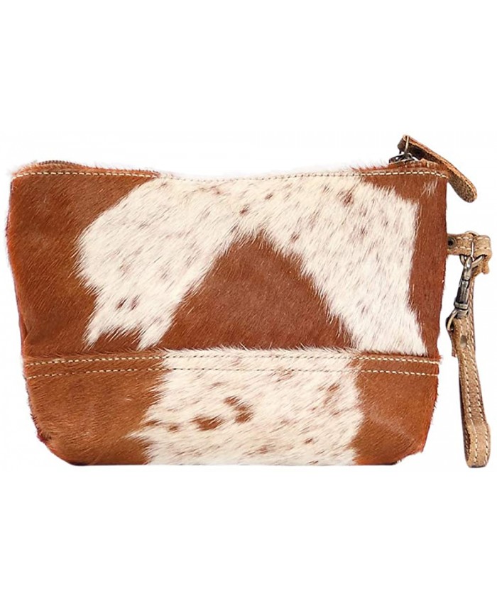 Myra Bag Snowy & Cocoa Upcycled Canvas & Cowhide Wristlet Pouch Bag S-1471 Handbags