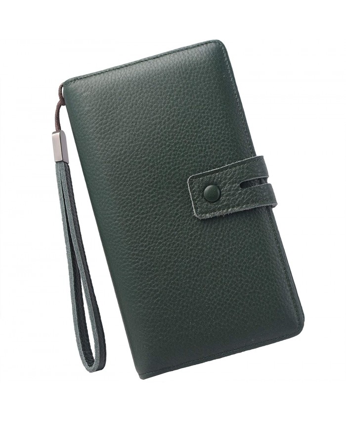Women's Big Fat Rfid Leather Wristlet Wallet Organizer Large Phone Checkbook Holder with Zipper Pocket Dark Green