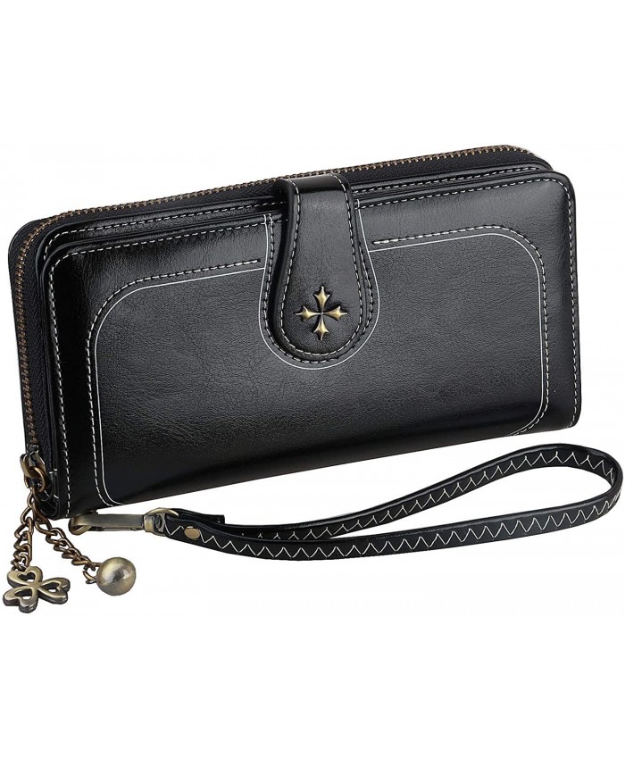 Women's Wallet Vintage PU Leather Long Wallet Phone Clutch Large Travel Purse Wristlet with Credit Cards Holders Black Handbags
