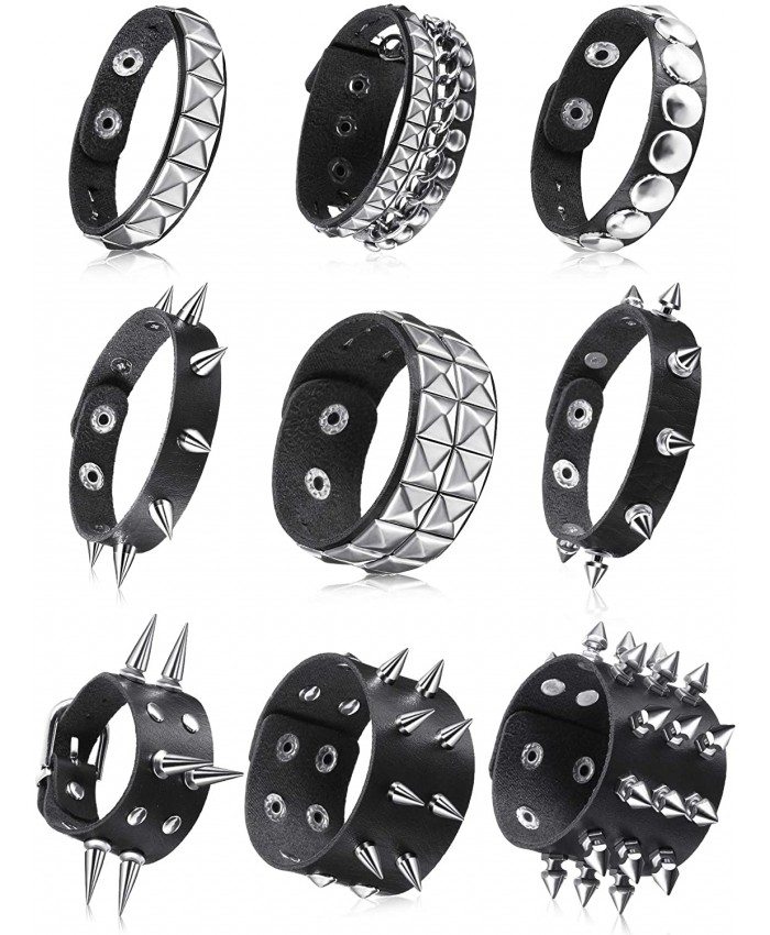 9 Pieces Punk Faux Leather Bracelet Spike Rivet Cuff Wrap Bangle Wide Snap Button Bracelets Metal Studded Wristband for Halloween