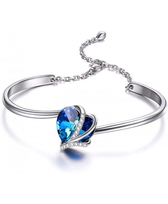 AOBOCO Love Heart Bangle Bracelet Sterling Silver Women Bracelet Embellished with Blue Crystals from Austria Fine Anniversary Birthday I Love You Jewelry Gifts for Women Wife Girlfriend Daughter Mom