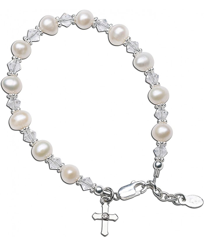 Children's First Communion Sterling Silver Cross Bracelet with Cultured Pearl and High End Crystal LG