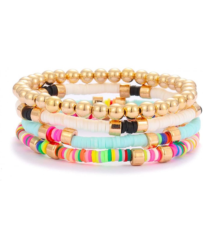 Colorful Beaded Bracelet for Women Heishi Bracelet Bohemian Assorted Bright Colored Gold Bead Stretch Strand Bracelet SetMulticolor